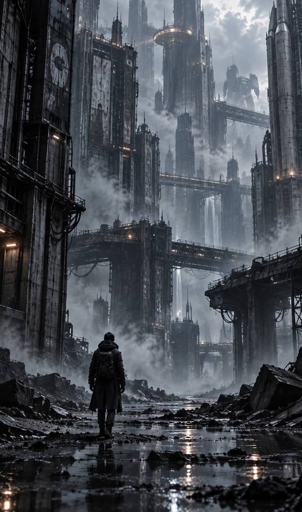Una figura solitaria camina por una ciudad industrial en ruinas.