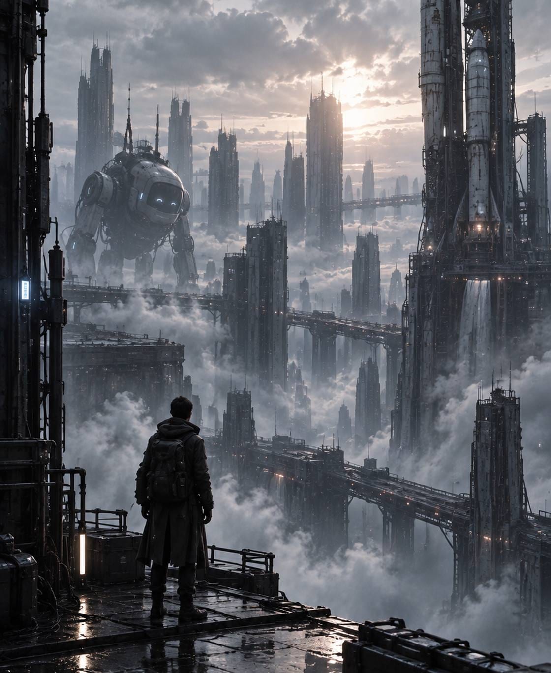 Una figura en una plataforma mira la ciudad con las primeras luces del día.